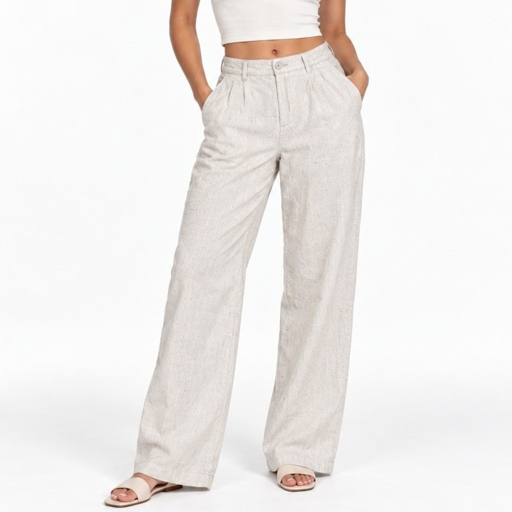 Fashion Nova Pants Women S Oatmeal Wide Leg Linen Blend High Rise Trousers Boho